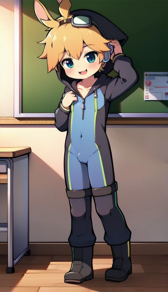 2D Boy Shota,One-piece mountaineering suit,Slim, healthy body,Put the headphones on your head,stand up,goggles,Rabbit ears,happy,Sailor collar,tie,Zipper pulled down,boots,hood,classroom