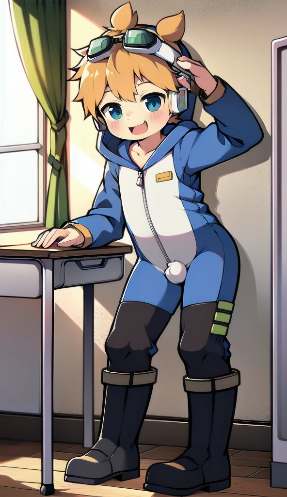 2D Boy Shota，One-piece mountaineering suit，Slim, healthy body，Put the headphones on your head，stand up，goggles，Rabbit ears，happy，Sailor collar，tie，Zipper pulled down，boots，hood，classroom