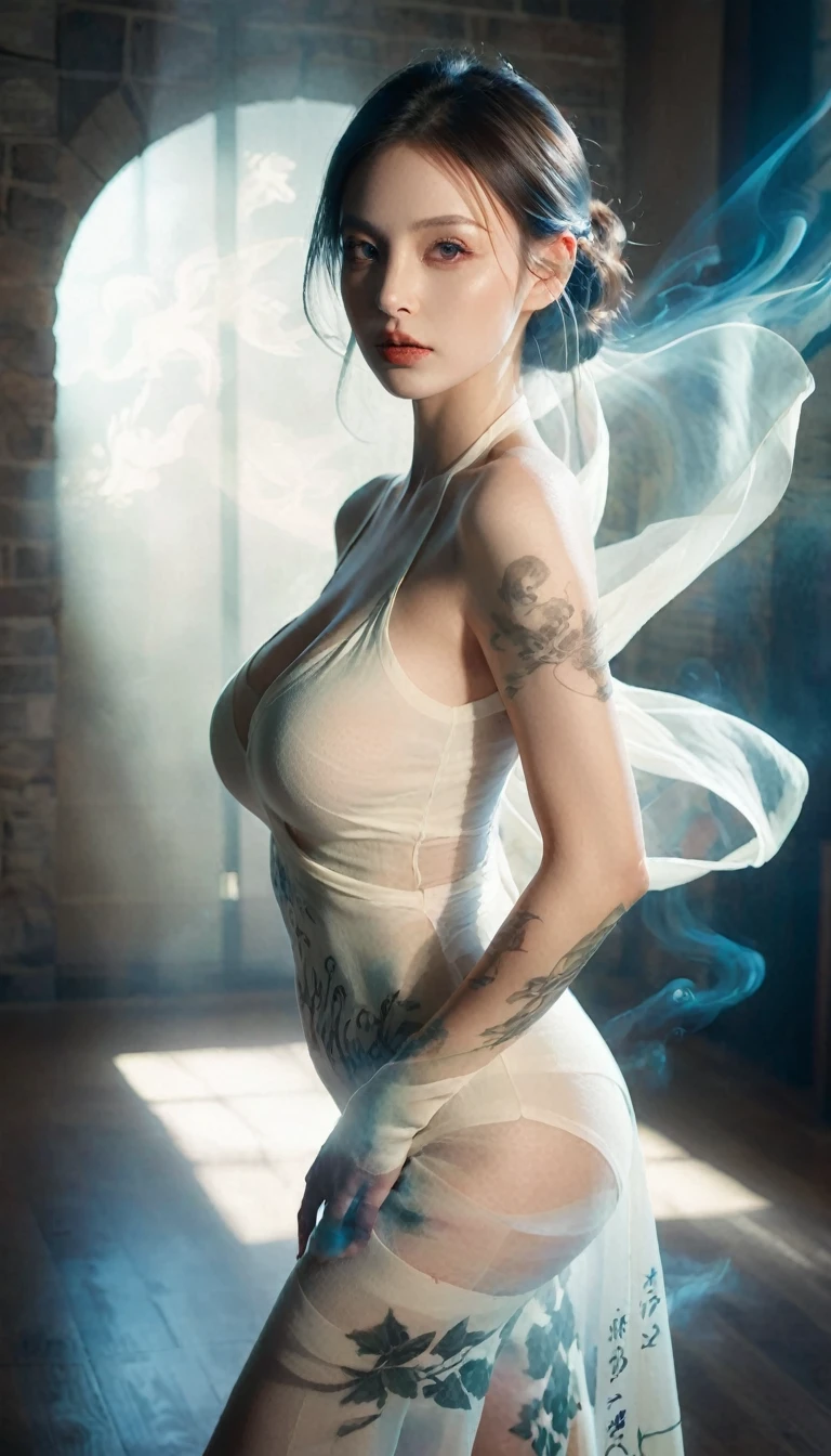 Double Exposure Style,Volumetric Lighting,a girl (Supermodel) with Wrap top,arching her back, beautiful tattoo, Traditional Attire,Artistic Calligraphy and Ink,light depth,dramatic atmospheric lighting,Volumetric Lighting,double image ghost effect,image combination,double exposure style,