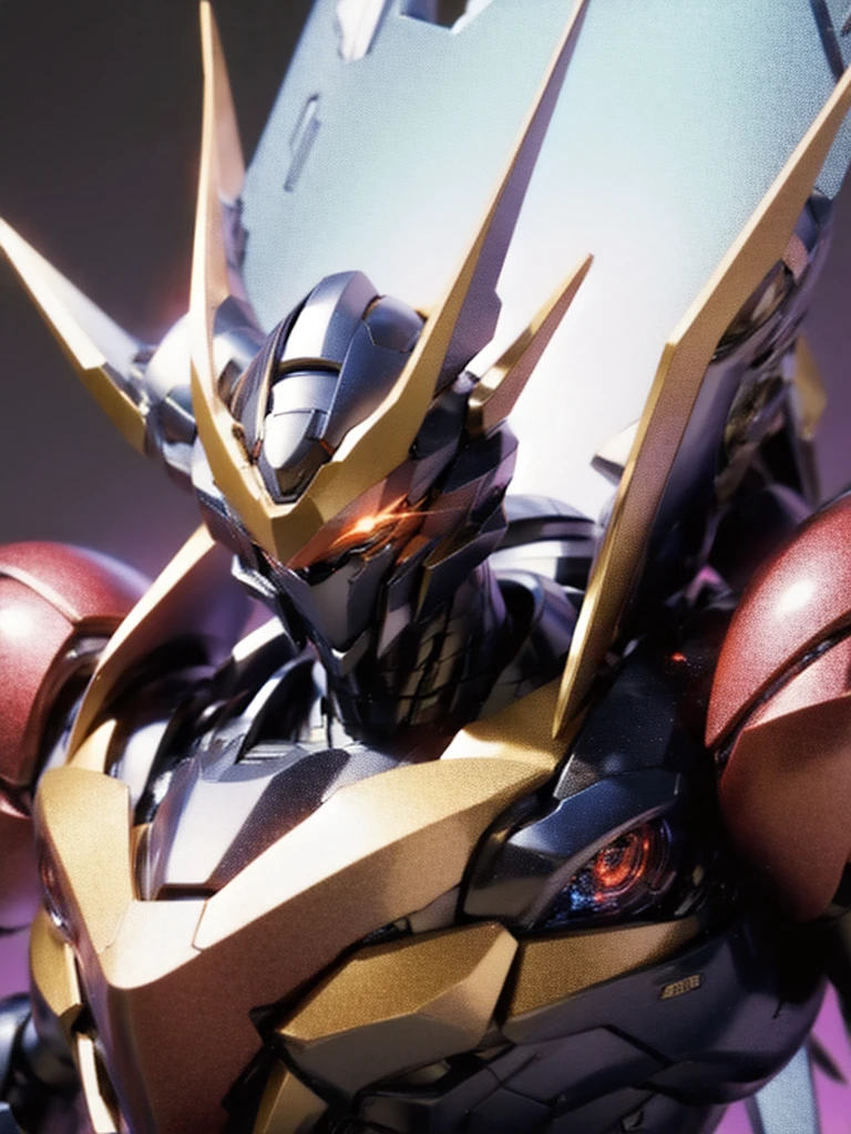 Robot, red mono eyes, blue and Red gradient body, high quality, golden horns on head, heavily armored,Robot, red glowing mono eyes, purple field body, high quality, silver horns on head, heavily armored, blue black shoulders, arm armor in austere shade,