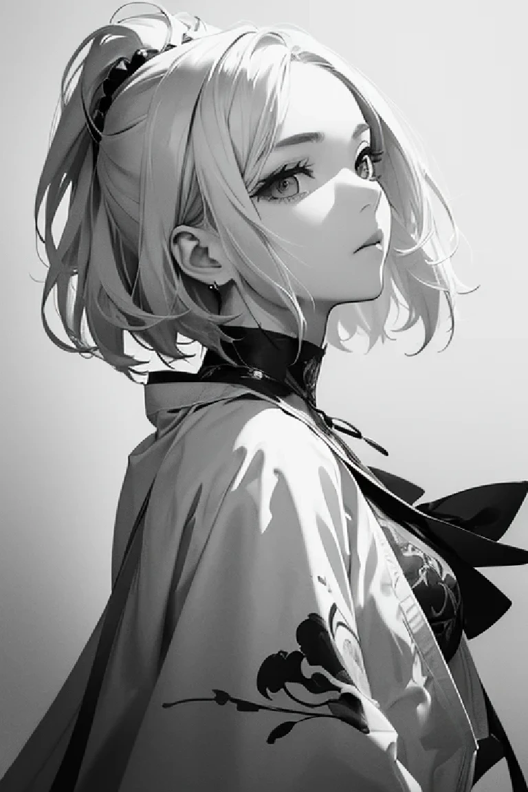 ((monochrome))(Image from chest up:1.4)((masterpiece:1.5,Highest quality,Beautiful images、Sketch、2.5D、Ink Painting、Abstract、Artistic、Portraiture))(1girl, solo)(medium breasts, white hair、bob hair)(Profile Portrait,Gaze sideways、Gaze diagonally、Shake your head、A sad expression, floating hair)(Monotone artistic background)from side