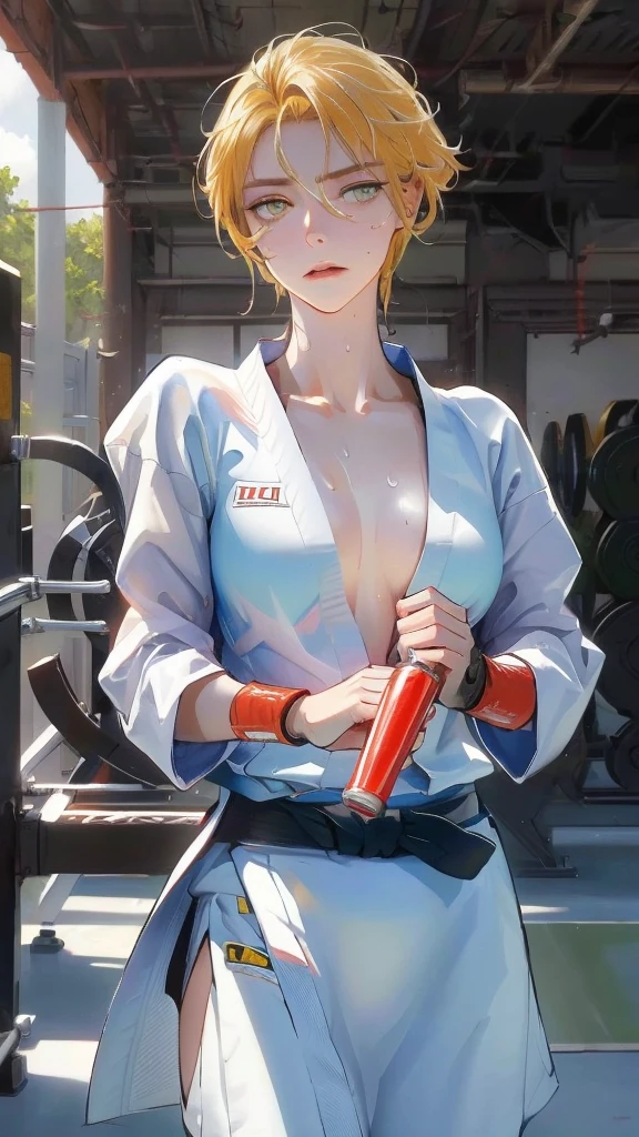((((masterpiece, best quality, high resolution)))), Extremely detailed 8K, 1 female, wearing a white Karate gi, (Ultra HD, Ultra-detailed, Highly detailed, Highly realistic, Ultra-realistic, photograph realistic), (1girl:1.5), (Realistic yellow hair), (dynamic poses), facing at camera, looking at viewer, (slightly serious face), (green eyes, sharp eyes), (perky breasts:1.2), (beautiful detailed face, beautiful detailed eyes), ((worn out karate gi)), (preparing for a fight), sweat, glow, (sunbeam, sunlight), ((cowboy shot)), inside a training gym, seductive, EnvyBetterHands LoCon,