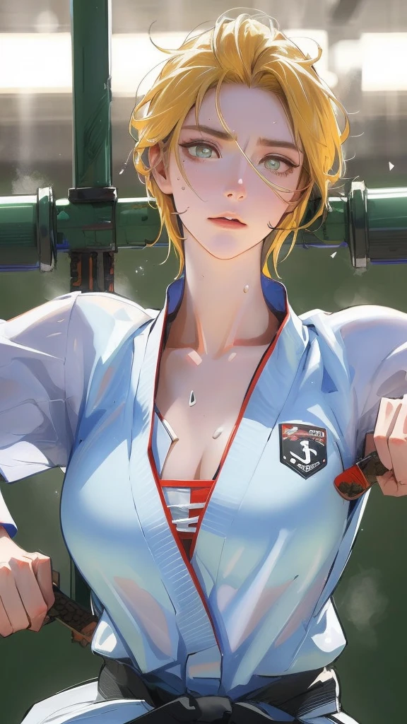 ((((masterpiece, best quality, high resolution)))), Extremely detailed 8K, 1 female, wearing a white Karate gi, (Ultra HD, Ultra-detailed, Highly detailed, Highly realistic, Ultra-realistic, photograph realistic), (1girl:1.5), (Realistic yellow hair), (dynamic poses), facing at camera, looking at viewer, (slightly serious face), (green eyes, sharp eyes), (perky breasts:1.2), (beautiful detailed face, beautiful detailed eyes), ((worn out karate gi)), (preparing for a fight), sweat, glow, (sunbeam, sunlight), ((cowboy shot)), inside a training gym, seductive, EnvyBetterHands LoCon,