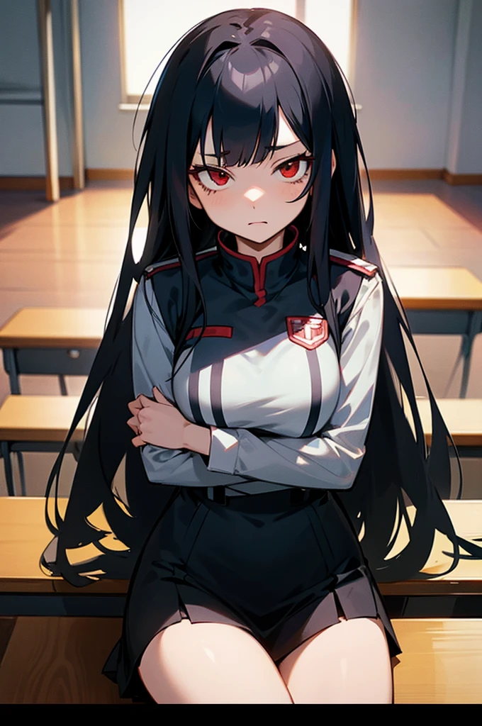 Screenshot of my hero academia girl with long black hair, Red eyes, fringe, Expression would be, She is wearing the UA uniform and in the background she has a UA school class and she is sitting at a table