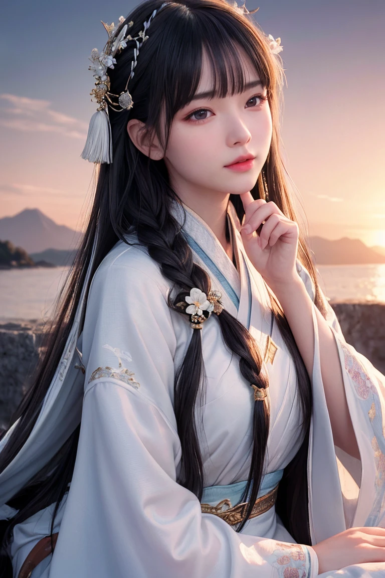 Face close-up, Ultra-fine face,woman, Chinese style, Ancient Wind,Hanfu, Sitting pose, Long white hair, Delicate clothing patterns, Elegance, Gorgeous, Elegance, smile,Sky Sky, ribbon,Sense of brokenness, It is, Bubble, Double up braid, Hairline, Diagonal bangs, hair band, hair ornaments,Sparkling, Cinema Lighting, Hyper HD, High resolution, 最high quality, 8K, High detail, high quality, Super Detail, Anatomically correct, masterpiece, Accurate,plump,Landscape painting,screen