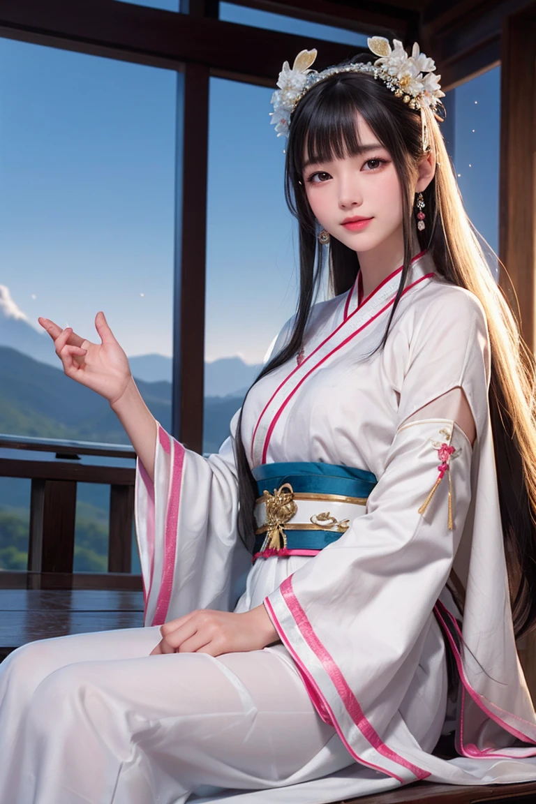 Face close-up， Ultra-fine face，woman， Chinese style， Ancient Wind，Hanfu， Sitting pose， Long white hair， Delicate clothing patterns， Elegance， Gorgeous， Elegance， smile，Sky Sky， ribbon，Sense of brokenness， It is， Bubble， Double up braid， Hairline， Diagonal bangs， hair band， hair ornaments，Sparkling， Cinema Lighting，  Hyper HD， High resolution， 最high quality， 8K， High detail， high quality， Super Detail， Anatomically correct， masterpiece， Accurate，plump，Landscape painting，screen