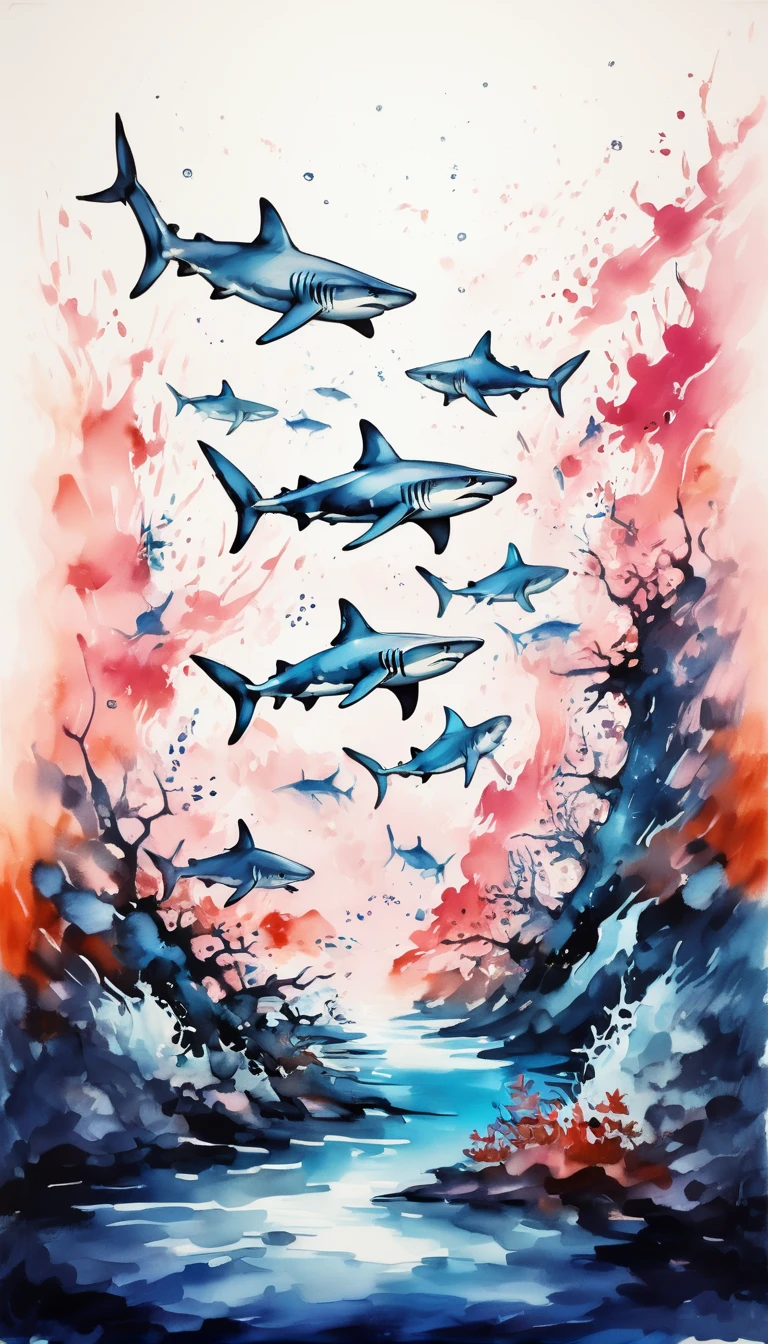 Deep blue fantasy landscape, Van Gogh style, Many cartoon sharks，Underwater swimming effect， Clear focus, Pink background,
