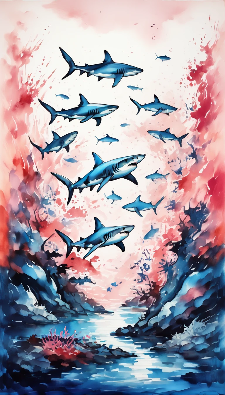 Deep blue fantasy landscape, Van Gogh style, Many cartoon sharks,Underwater swimming effect, Clear focus, Pink background,