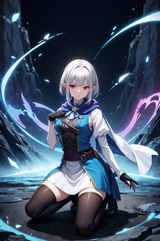 A white-haired elf girl in mage clothing holding a magical staff