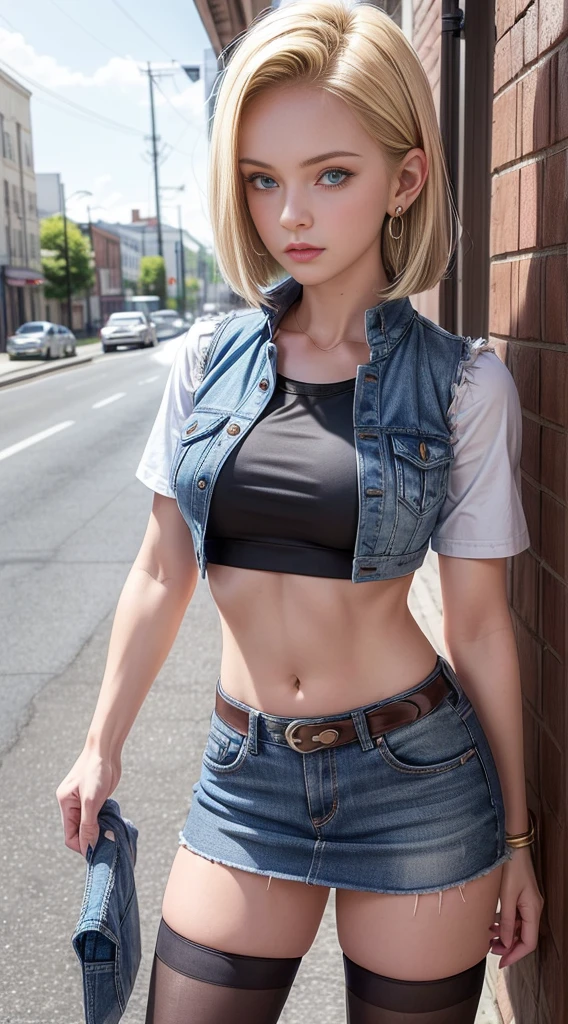 Best Quality, hight resolution, and18, 1girl in, Android 18, Solo, Blonde hair, Blue eyes, Short hair, earrings, Jewelry, Denim Short Sleeve Vest, open vest, Black pantyhose, Black Sports Bra, Jeans miniskirt, Blue mini skirt, medium breasts, Cowboy Shot, Street, (Externally expanded Chest: 1.2)
