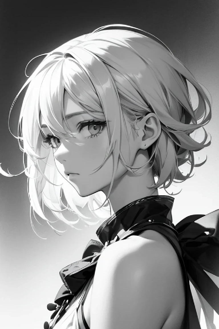 ((monochrome))(Image from chest up:1.4)((masterpiece:1.5,Highest quality,Beautiful images、Sketch、2.5D、Ink Painting、Abstract、Artistic、Portraiture))(1girl, solo)(medium breasts, white hair、bob hair)(Profile Portrait,Gaze sideways、Gaze diagonally、Shake your head、A sad expression, floating hair)(Monotone artistic background)from side
