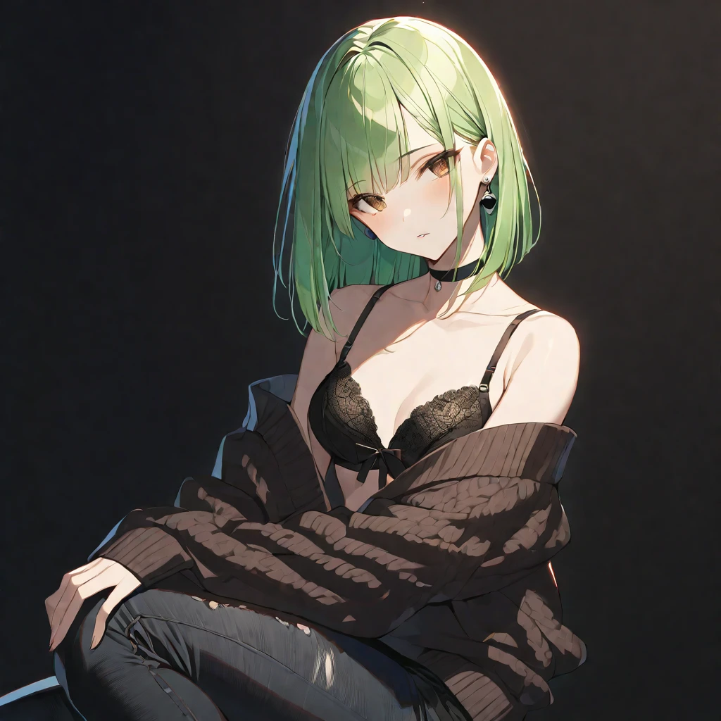 solo, handsome, Glossy feel,
1. Female,
Hime cut,Straight Hair,Bob Hair,
light green hair,
Nakano Yotsuba,
brown Eyes,Soft look,beautiful,beautiful,Sexy,Darkness,Lots of black earrings,choker,
black Off Shoulder, cardigan, knit, black Distressed jeans, bra, eyeshadow,
skin,Alluring,
black background,