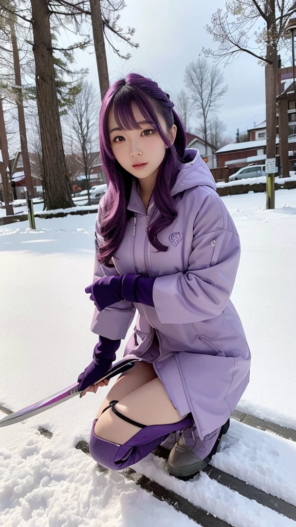 traditional asian goddess girl, violet mixed mauve hair, with a violet and mauve colour futuristic and technological armor, Long coat, beautiful Hoodie, Gloves, Boots, dynamic, is kneeling on the ground with a sword in her hand, snow background, detailed, realistic, 4k, cinematic.