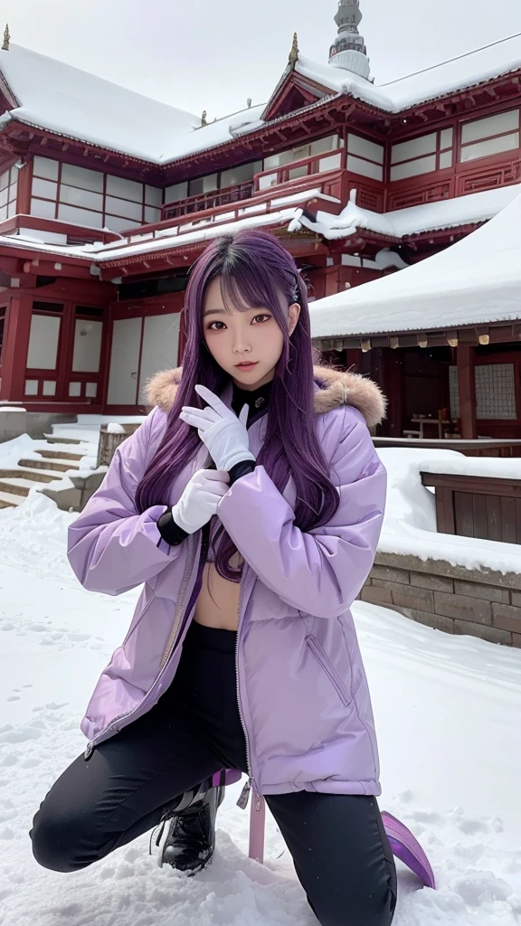 traditional asian goddess girl, violet mixed mauve hair, with a violet and mauve colour futuristic and technological armor, Long coat, beautiful Hoodie, Gloves, Boots, dynamic, is kneeling on the ground with a sword in her hand, snow background, detailed, realistic, 4k, cinematic.