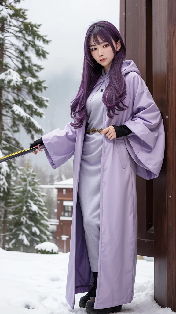 traditional asian goddess girl, violet mixed mauve hair, with a violet and mauve colour futuristic and technological armor, Long coat, beautiful Hoodie, Gloves, Boots, dynamic, is kneeling on the ground with a sword in her hand, snow background, detailed, realistic, 4k, cinematic.
