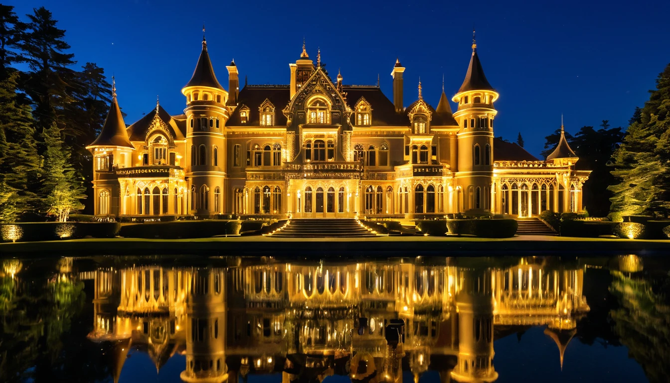 An intricately designed, glowing wooden mansion sits majestically on a serene lake. The mansion, with its polished and ornate architecture, is illuminated warmly from within, casting a mesmerizing reflection on the calm water below. The structure features multiple turrets, arched windows, and decorative spires, creating a jewel-box effect. The scene is set against a dark, tranquil night sky, enhancing the golden glow emanating from the mansion's lights. The surrounding area is dotted with lush trees, their shadows adding depth to the peaceful ambiance
