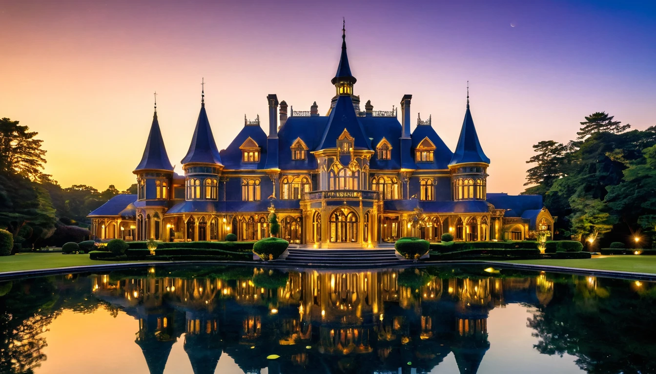 An intricately designed, glowing wooden mansion sits majestically on a serene lake. The mansion, with its polished and ornate architecture, is illuminated warmly from within, casting a mesmerizing reflection on the calm water below. The structure features multiple turrets, arched windows, and decorative spires, creating a jewel-box effect. The scene is set against a dark, tranquil night sky, enhancing the golden glow emanating from the mansion's lights. The surrounding area is dotted with lush trees, their shadows adding depth to the peaceful ambiance