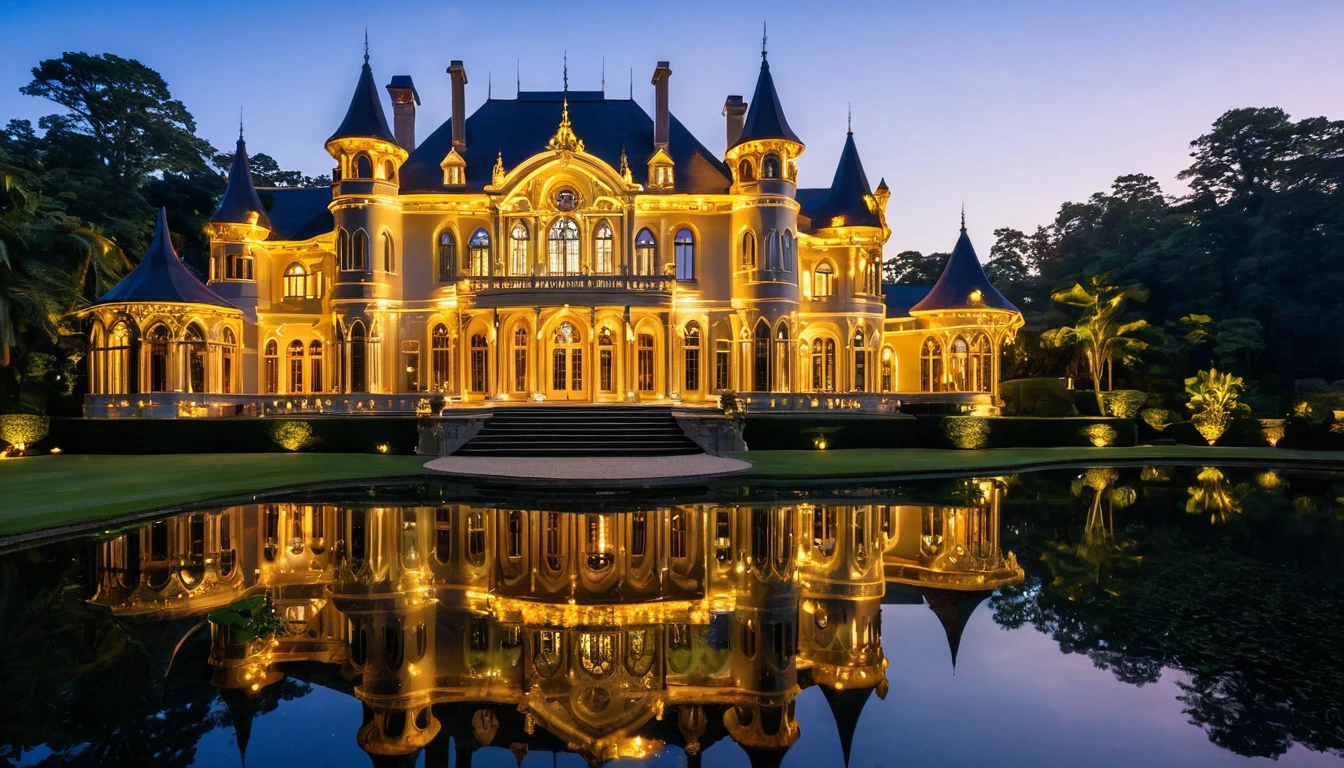 An intricately designed, glowing wooden mansion sits majestically on a serene lake. The mansion, with its polished and ornate architecture, is illuminated warmly from within, casting a mesmerizing reflection on the calm water below. The structure features multiple turrets, arched windows, and decorative spires, creating a jewel-box effect. The scene is set against a dark, tranquil night sky, enhancing the golden glow emanating from the mansion's lights. The surrounding area is dotted with lush trees, their shadows adding depth to the peaceful ambiance