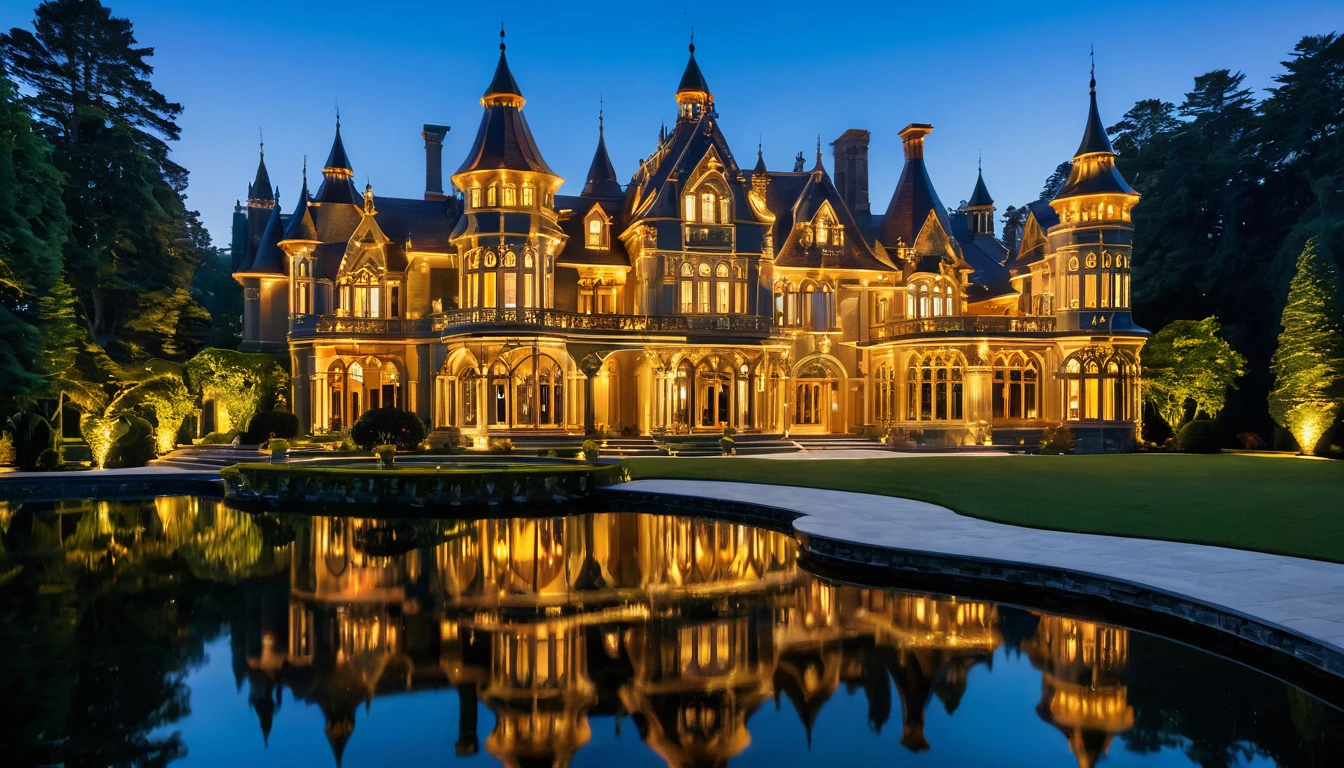 An intricately designed, glowing wooden mansion sits majestically on a serene lake. The mansion, with its polished and ornate architecture, is illuminated warmly from within, casting a mesmerizing reflection on the calm water below. The structure features multiple turrets, arched windows, and decorative spires, creating a jewel-box effect. The scene is set against a dark, tranquil night sky, enhancing the golden glow emanating from the mansion's lights. The surrounding area is dotted with lush trees, their shadows adding depth to the peaceful ambiance