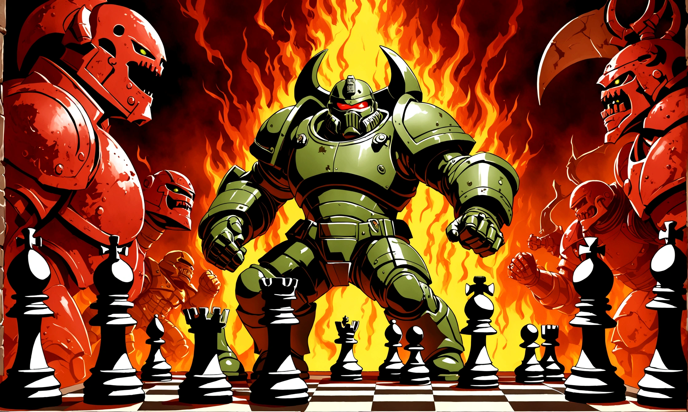 Chess pieces fighting doomguy in hell