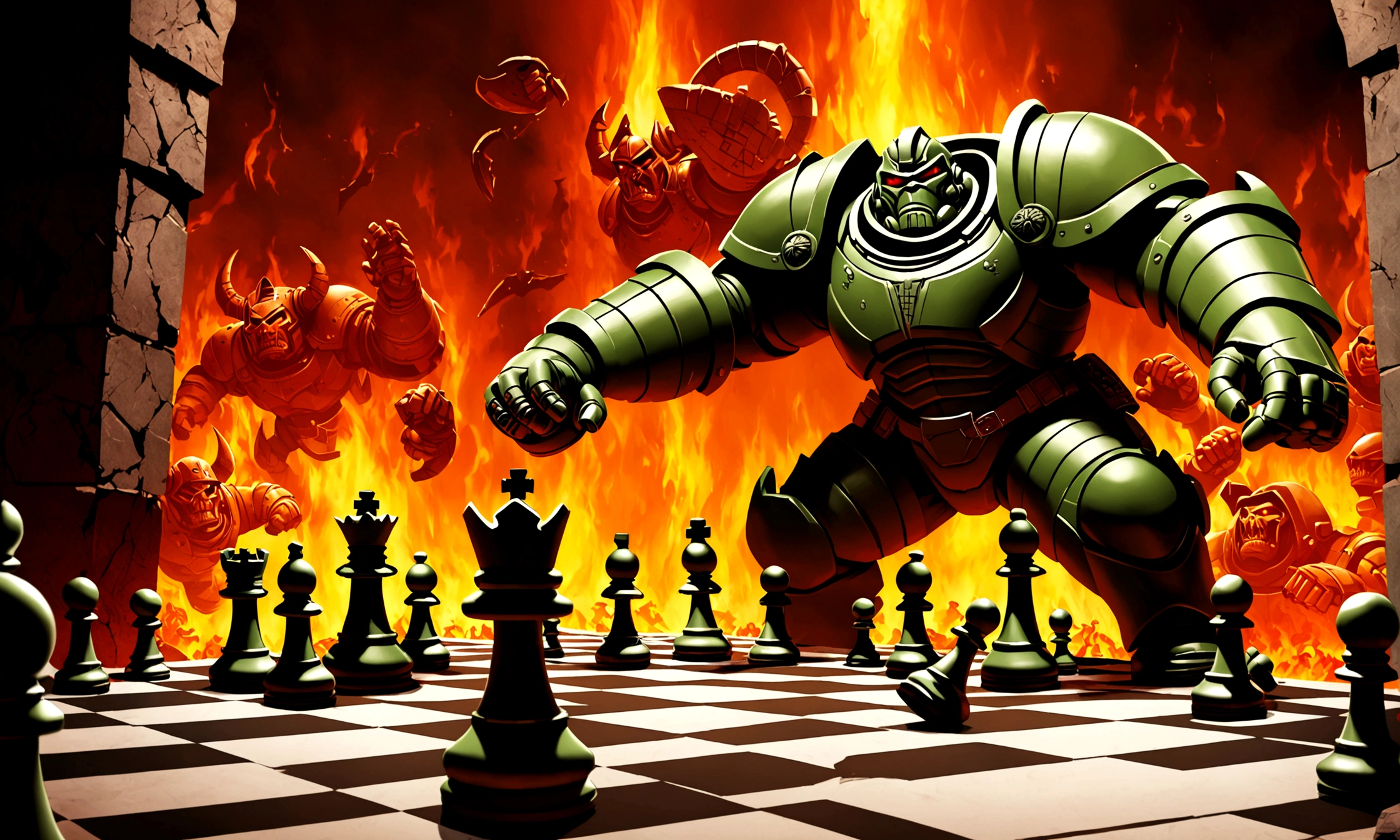 Chess pieces fighting doomguy in hell