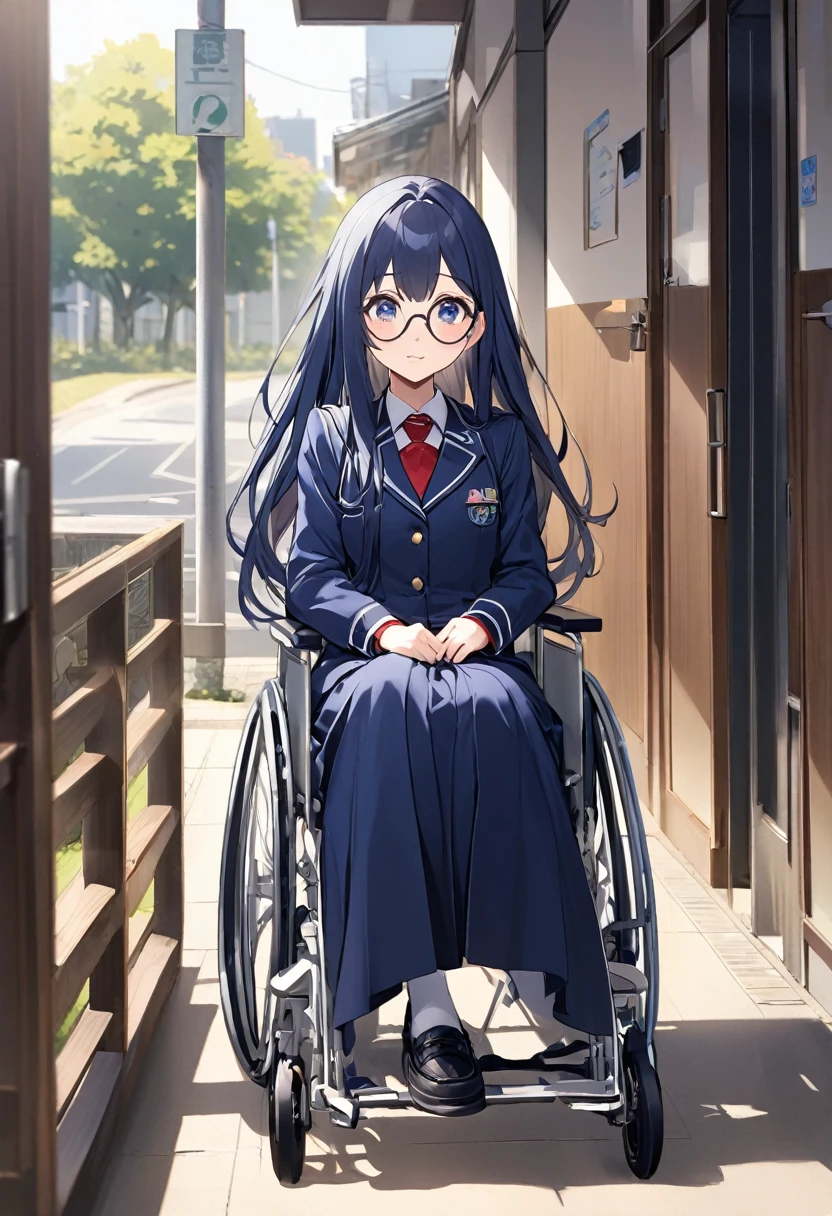 girl(Round Glasses、uniform(Navy Blue)、wheelchair、hair(White、Long Hair))School