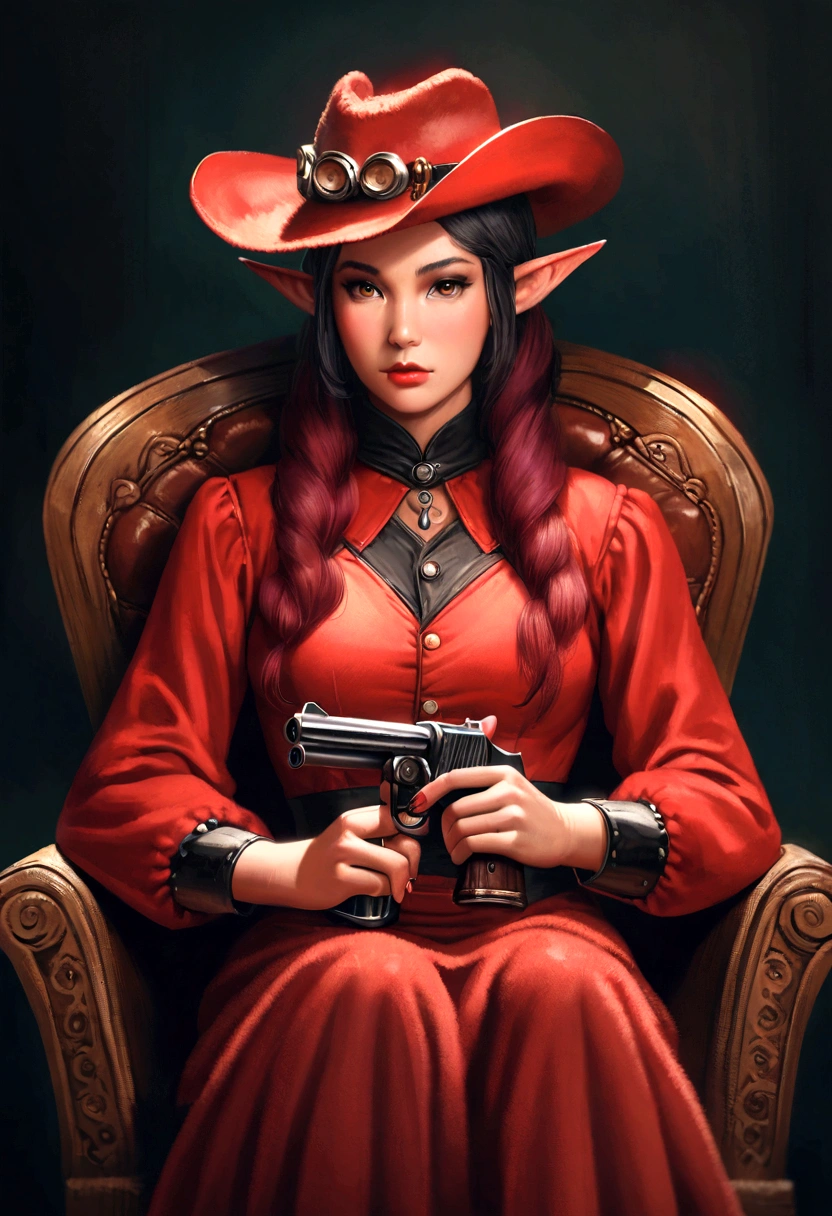 cowboy woman sitting on a chair with a red fur cowboy hat with elf-type ears, realistic anime style, with a cowboy gun in her hands
