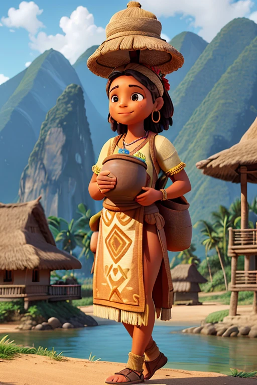 The background must be the Colonche mountain range reaching the coast, arriving at the beach, but let the mountains be seen, You can see a pre-Inca town with huts with thatched roofs and construction with guadua cane, women dressed in typical indigenous clothing from the coast of Ecuador, The upper part of the clothing is that it covers the bust with rags and a tail cover at the bottom carrying clay vessels as pots to carry water they carry it on their shoulders and you should see the men working dressed in typical indigenous clothing. Ecuador coast of South America with only a loincloth at the bottom and a tribal chief with clothes with gold work and jewels