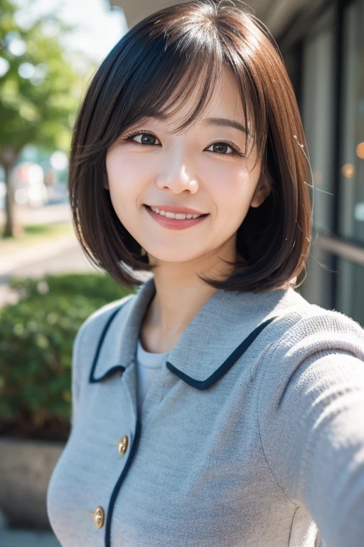 One girl, Mature Woman, E Cup,photograph, Realistic, Highest quality, employment, office,Detailed face, Detailed Background, Diffused sunlight, Depth of written boundary, Bokeh,Bob,smile,front,Ayako Hironaka,Selfie,Upper Body,OL,Returning Home