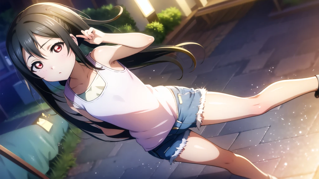 Yazawa nico, Twin tails,Red eyes,((Mid-chest, Tomboy, Small Head)), Dawn, sunlight, (Trained abdominal muscles : 1.1), (Perfect body : 1.1), (Short Wavy Hair : 1.2) , Auburn Hair, collar, Lock, Full Body Shot, Crowded street, Wearing a black tank top, Jeans jacket, ((Shorts)), (Highly detailed CG 8K wallpaper), (Very delicate and beautiful), (masterpiece), (Highest quality:1.0), (ultra High resolution:1.0),  Beautiful lighting ,Perfect Lightning, Realistic Shadows, [High resolution], Detailed skin, Super detailed