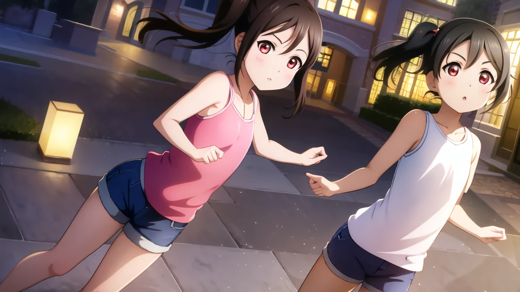 Yazawa nico, Twin tails,Red eyes,((Mid-chest, Tomboy, Small Head)), Dawn, sunlight, (Trained abdominal muscles : 1.1), (Perfect body : 1.1), (Short Wavy Hair : 1.2) , Auburn Hair, collar, Lock, Full Body Shot, Crowded street, Wearing a black tank top, Jeans jacket, ((Shorts)), (Highly detailed CG 8K wallpaper), (Very delicate and beautiful), (masterpiece), (Highest quality:1.0), (ultra High resolution:1.0),  Beautiful lighting ,Perfect Lightning, Realistic Shadows, [High resolution], Detailed skin, Super detailed