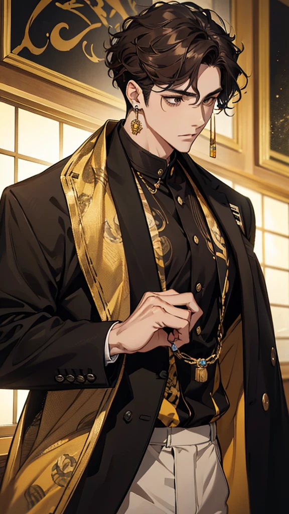 Man, Japanese, university student, brown hair, curly hairstyle, yellow and black gradient suit, silver wristwatch, black ring earrings