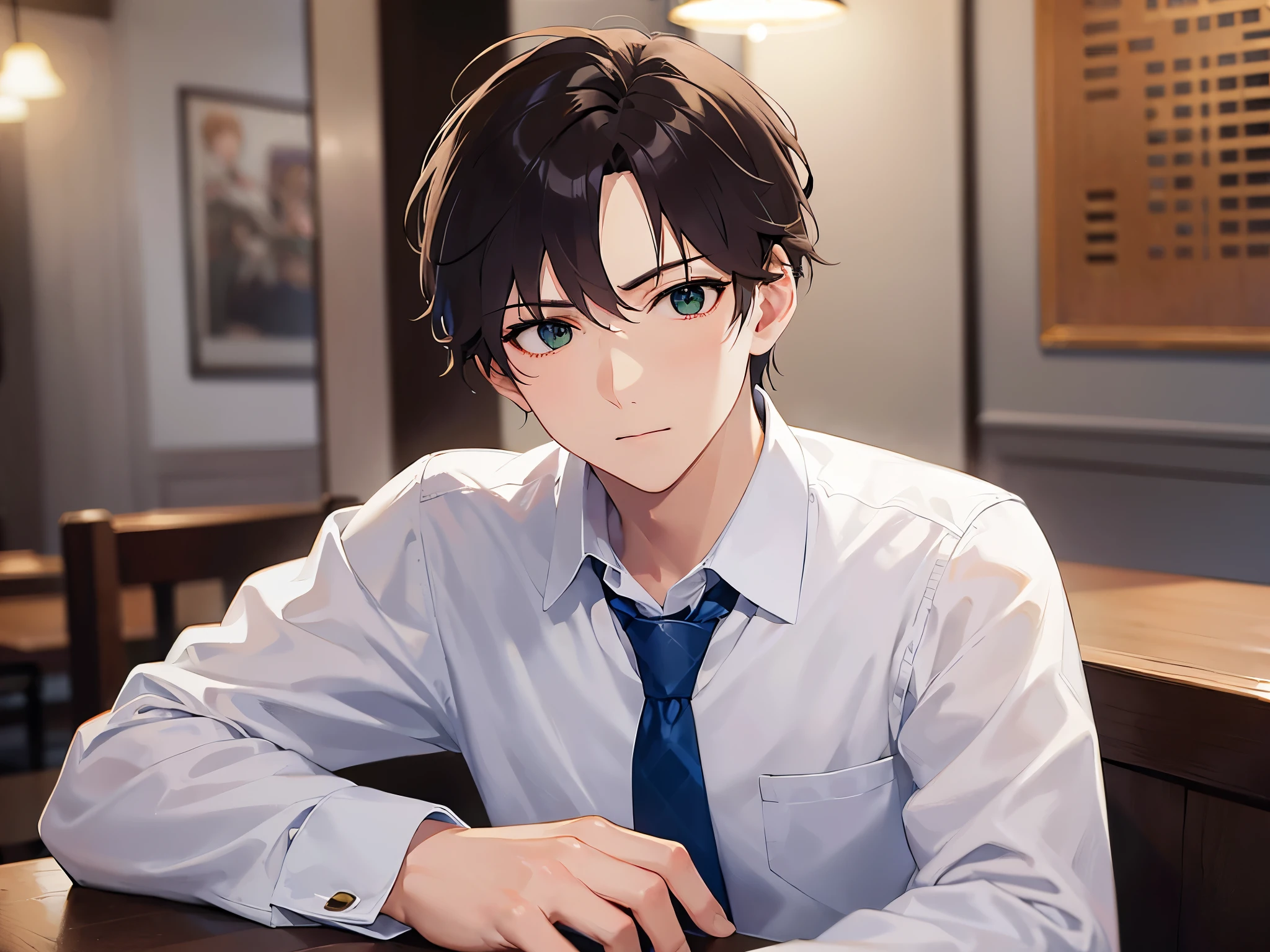 side ungle,upper body、
masterpiece、Highest quality、
BREAK (25-year-old male:1.5) and (Mahogany brown short hair) and (Green Eyes) BREAK (white collared shirt) and (Blue tie),Serious expression,The background is the interior of a restaurant at night.,Sitting