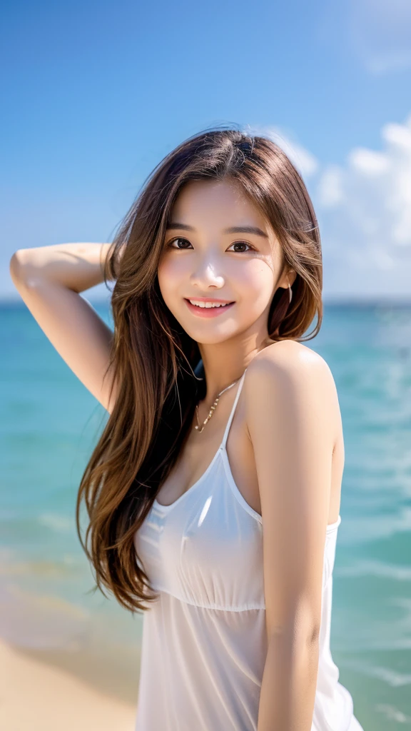 Tabletop、(Highest quality、4K、8K、High resolution、Masterpiece: 1.2)、Super detailed、(Real、Photorealistic、Photorealistic: 1.37)、Full Body Shot、Complex and beautiful eyes、woman、long hair、Natural color lip、whiteTshirt、Bold and sexy pose、smile、Ocean、20 year old girl、A cute and sexy shot looking straight at the camera。