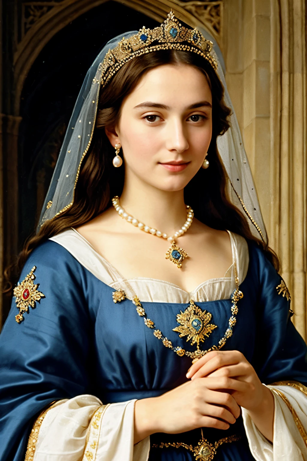 ((Best Quality)), ((Masterpiece)), (detailed),
"Generate an image of a medieval woman, inspired by Margaret of Burgundy. She has dark hair, elegantly combed under a crown adorned with precious stones and pearls. His face reflects a serene and noble expression, with clear eyes that transmit intelligence and determination. She is wearing a dress richly decorated with floral motifs and gold embroidery., typical of 14th century court fashion. His bearing is regal and his presence radiates grace and authority., symbolizing her position as queen consort of France."