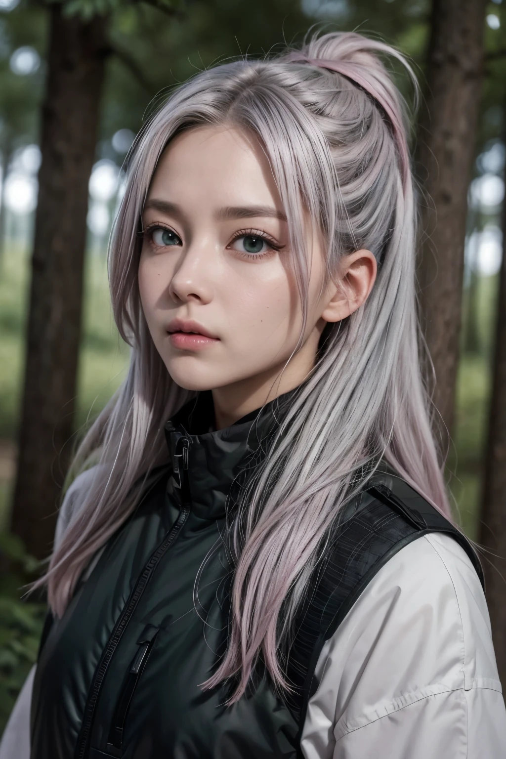 Gray-haired, black-eyed Kakashi Hatake spies on pink-haired, green-eyed Sakura Haruno at the forest lake 