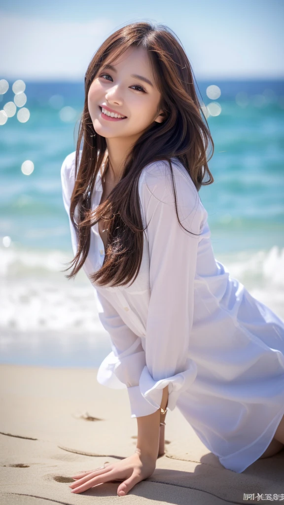 Tabletop、(Highest quality、4K、8K、High resolution、Masterpiece: 1.2)、Super detailed、(Real、Photorealistic、Photorealistic: 1.37)、Full Body Shot、Complex and beautiful eyes、woman、long hair、Natural color lip、whiteTshirt、Bold and sexy pose、smile、Ocean、20 year old girl、A cute and sexy shot looking straight at the camera。