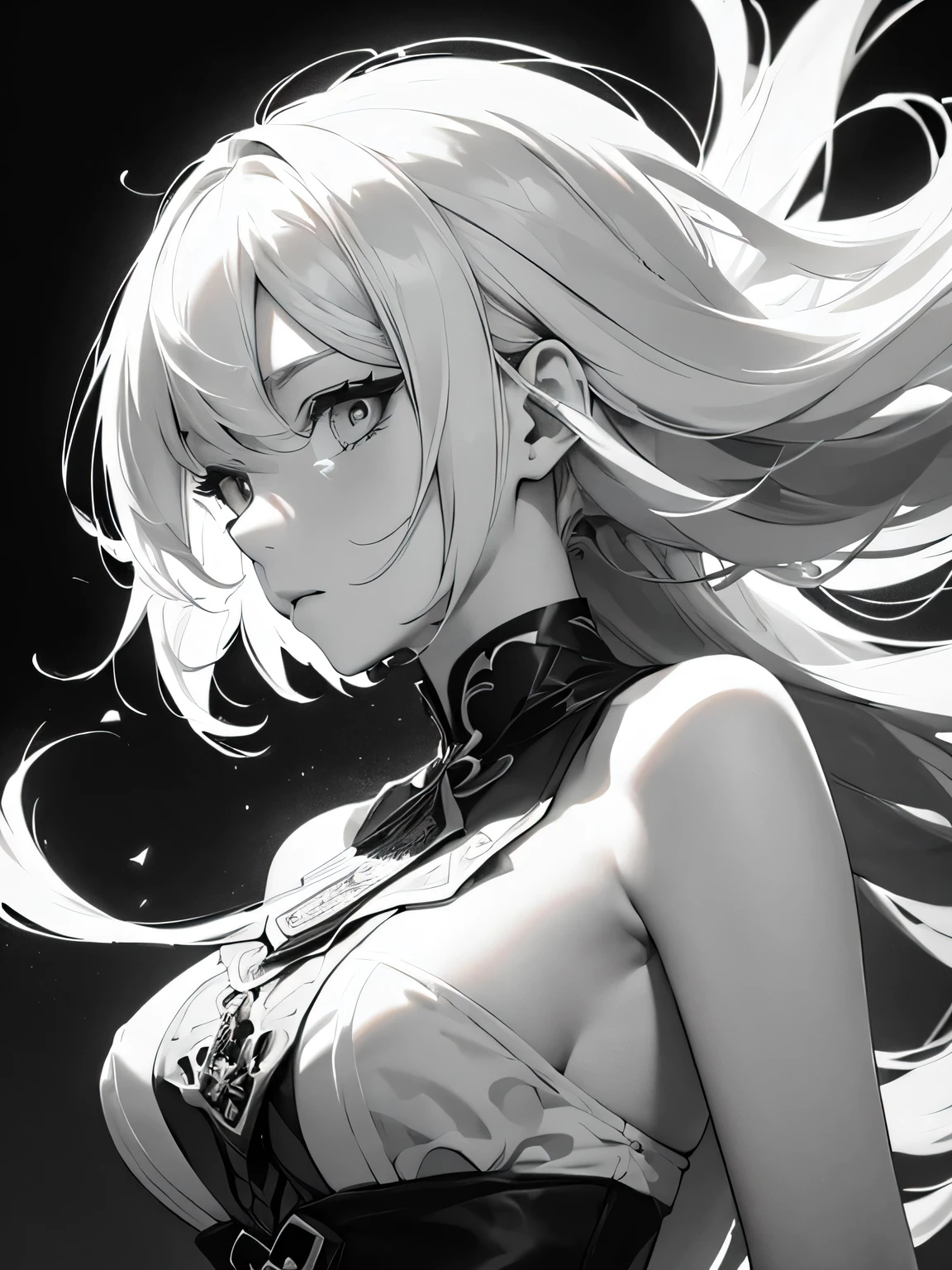 ((monochrome))(Image from chest up:1.4)((masterpiece:1.5,Highest quality,Beautiful images、Sketch、2.5D、Ink Painting、Abstract、Artistic、Portraiture))(1girl, solo)(medium breasts, white hair、bob hair、Beautiful cleavage、Exposing shoulders、Stylish tattoo on shoulder)(Profile Portrait,Gaze sideways、Gaze diagonally、Shake your head、A sad expression, floating hair)(Monotone artistic background)from side