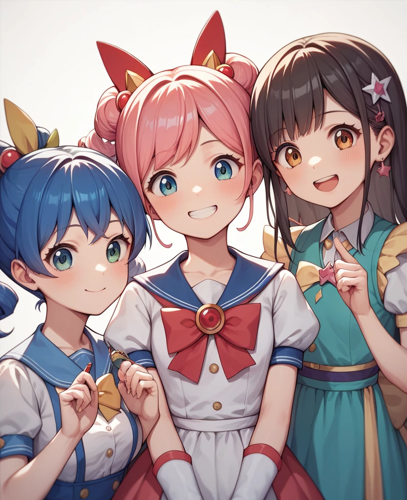 Highest quality, Very detailed, masterpiece, anime,Highest quality,Japanese ,Three Girls,Holiday outings,smile,Transparent haori,Browsing Caution,Magical girl、Upper Body、Close Contact、lure
