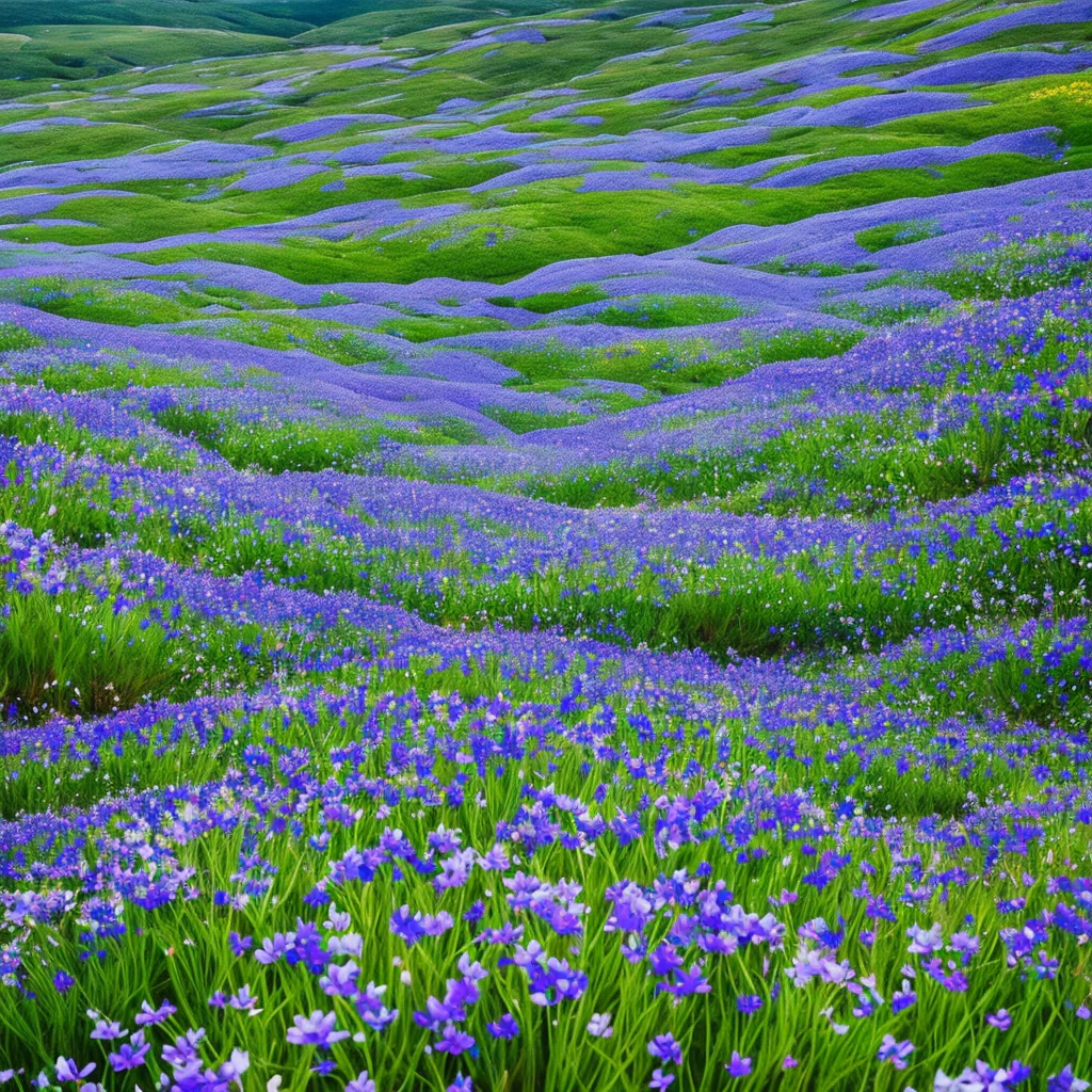 there are many purple flowers growing out of the rocks, blue flowers bloomed all over, flowers with very long petals, mountainous area. rare flora, garis edelweiss, alien flora, chromostereopsis, mediumslateblue flowers, staggering in its beauty, alien flowers, glowing blue mushrooms in mire, mythical floral hills, blue flower field