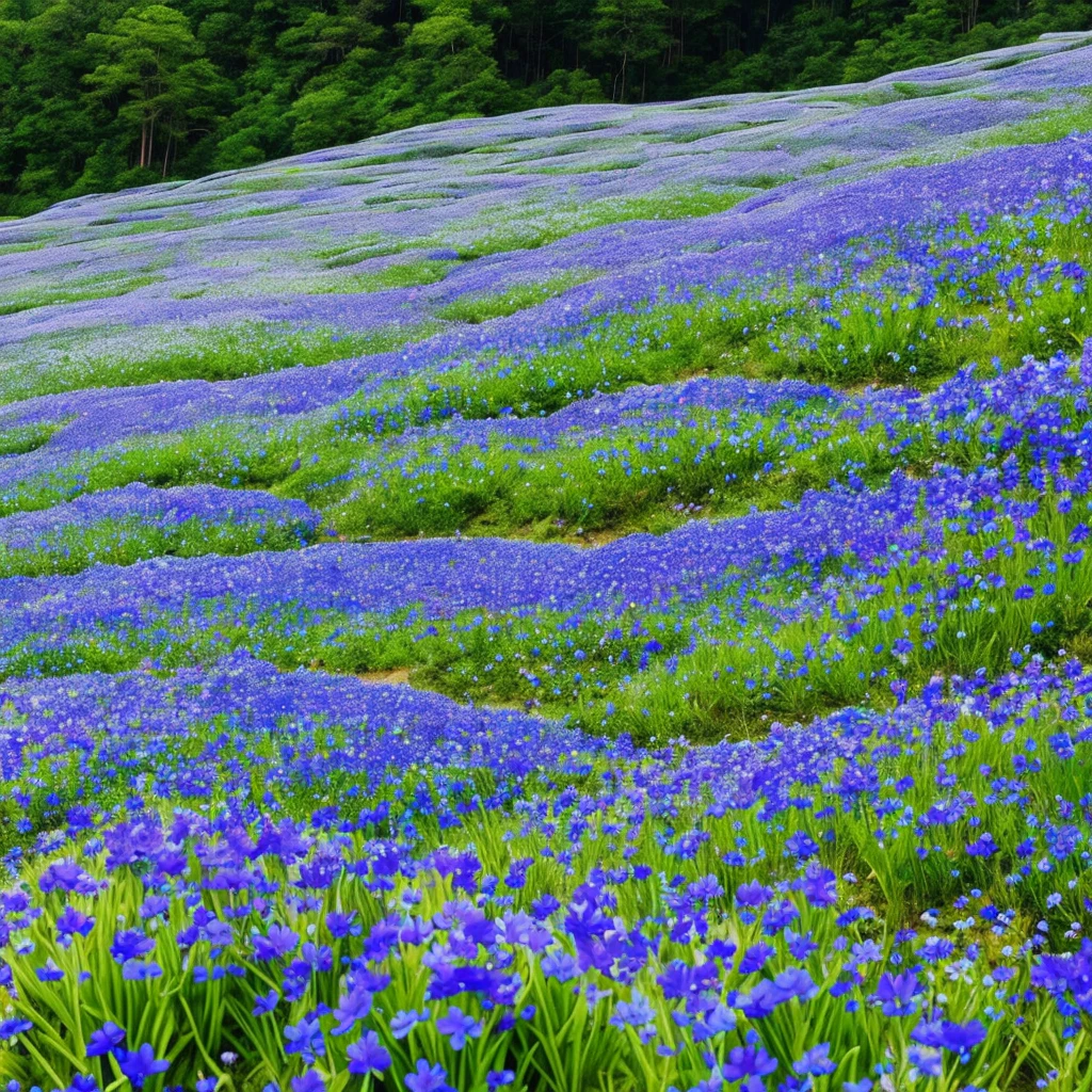 there are many purple flowers growing out of the rocks, blue flowers bloomed all over, flowers with very long petals, mountainous area. rare flora, garis edelweiss, alien flora, chromostereopsis, mediumslateblue flowers, staggering in its beauty, alien flowers, glowing blue mushrooms in mire, mythical floral hills, blue flower field