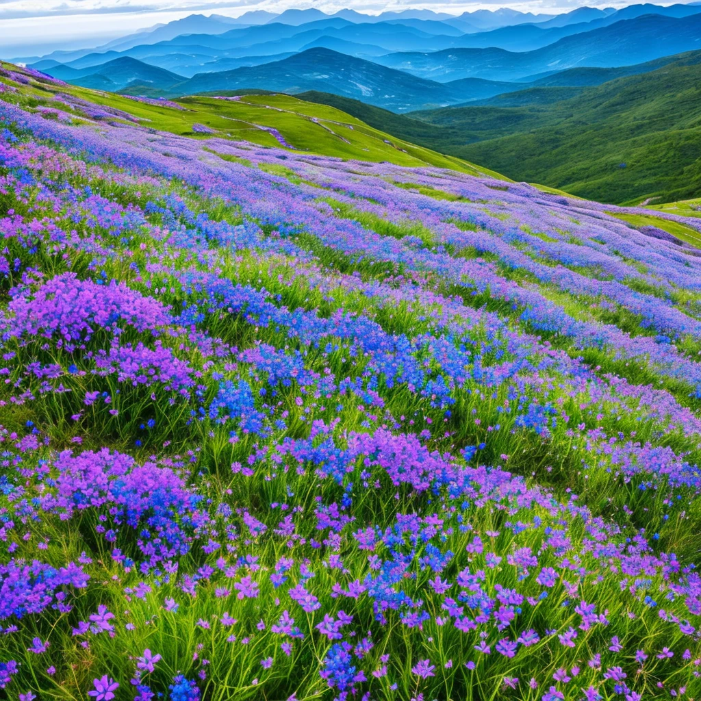 there are many purple flowers growing out of the rocks, blue flowers bloomed all over, flowers with very long petals, mountainous area. rare flora, garis edelweiss, alien flora, chromostereopsis, mediumslateblue flowers, staggering in its beauty, alien flowers, glowing blue mushrooms in mire, mythical floral hills, blue flower field