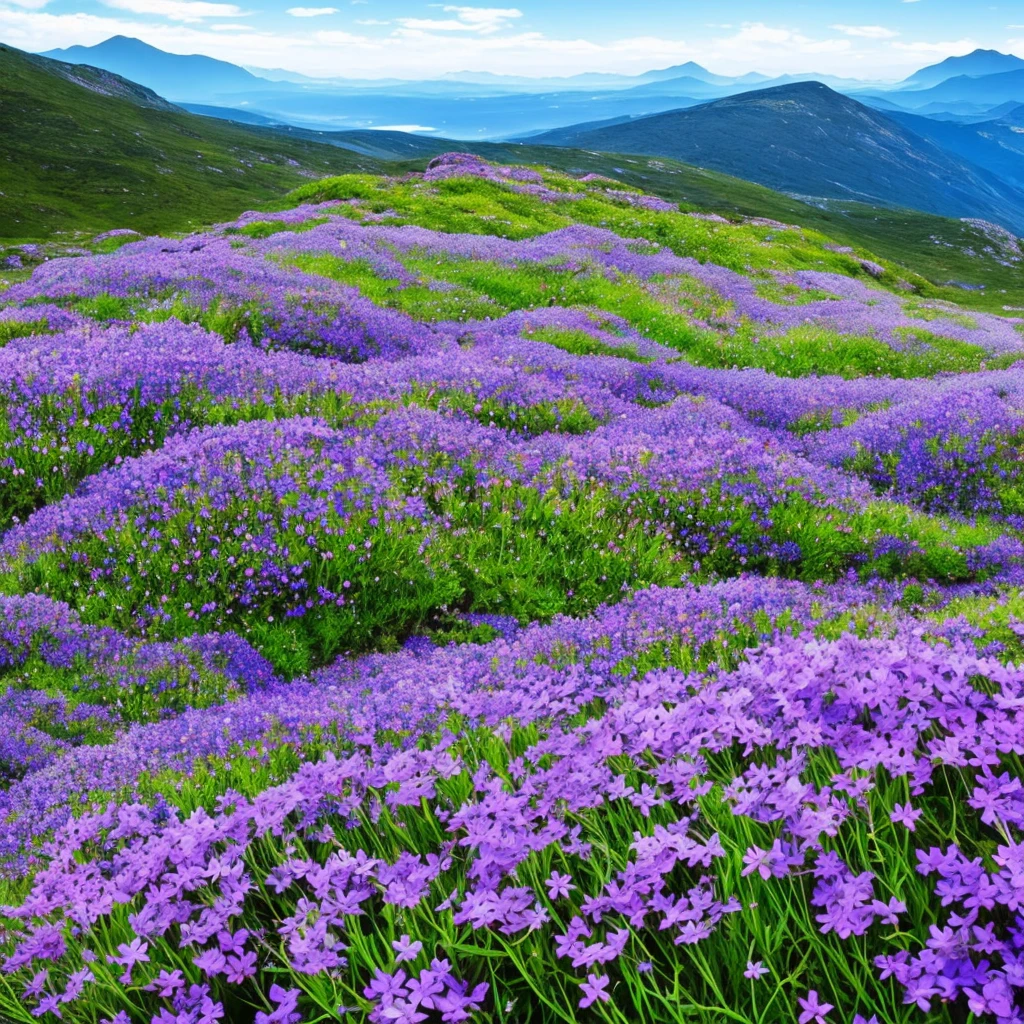 there are many purple flowers growing out of the rocks, a digital rendering by Anato Finnstark, flickr, hurufiyya, blue flowers bloomed all over, flowers with very long petals, mountainous area. rare flora, garis edelweiss, alien flora, chromostereopsis, mediumslateblue flowers, staggering in its beauty