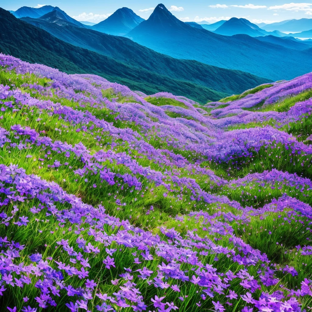 there are many purple flowers growing out of the rocks, a digital rendering by Anato Finnstark, flickr, hurufiyya, blue flowers bloomed all over, flowers with very long petals, mountainous area. rare flora, garis edelweiss, alien flora, chromostereopsis, mediumslateblue flowers, staggering in its beauty