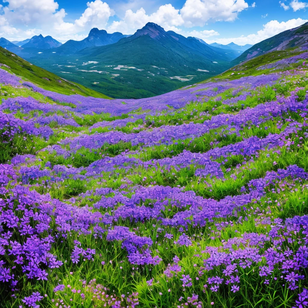 there are many purple flowers growing out of the rocks, a digital rendering by Anato Finnstark, flickr, hurufiyya, blue flowers bloomed all over, flowers with very long petals, mountainous area. rare flora, garis edelweiss, alien flora, chromostereopsis, mediumslateblue flowers, staggering in its beauty