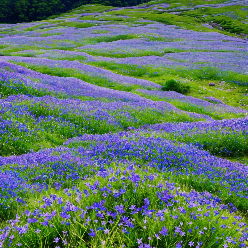 there are many purple flowers growing out of the rocks, blue flowers bloomed all over, flowers with very long petals, mountainous area. rare flora, garis edelweiss, alien flora, chromostereopsis, mediumslateblue flowers, staggering in its beauty, alien flowers, glowing blue mushrooms in mire, mythical floral hills, blue flower field
