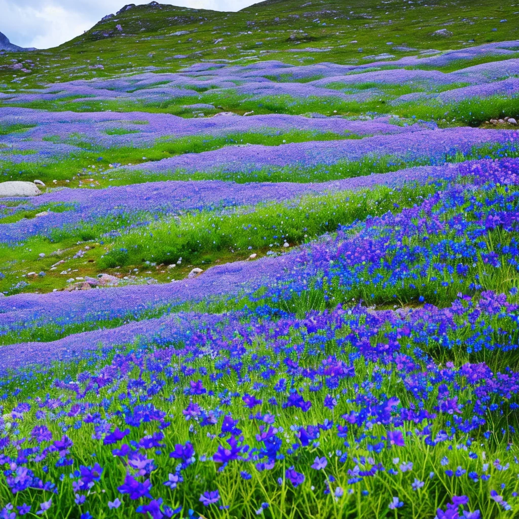 there are many purple flowers growing out of the rocks, blue flowers bloomed all over, flowers with very long petals, mountainous area. rare flora, garis edelweiss, alien flora, chromostereopsis, mediumslateblue flowers, staggering in its beauty, alien flowers, glowing blue mushrooms in mire, mythical floral hills, blue flower field