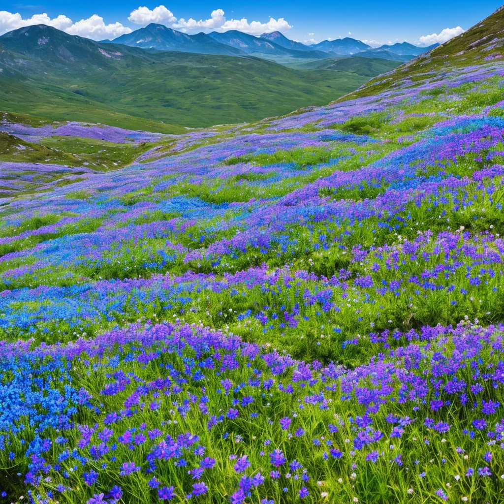 there are many purple flowers growing out of the rocks, blue flowers bloomed all over, flowers with very long petals, mountainous area. rare flora, garis edelweiss, alien flora, chromostereopsis, mediumslateblue flowers, staggering in its beauty, alien flowers, glowing blue mushrooms in mire, mythical floral hills, blue flower field