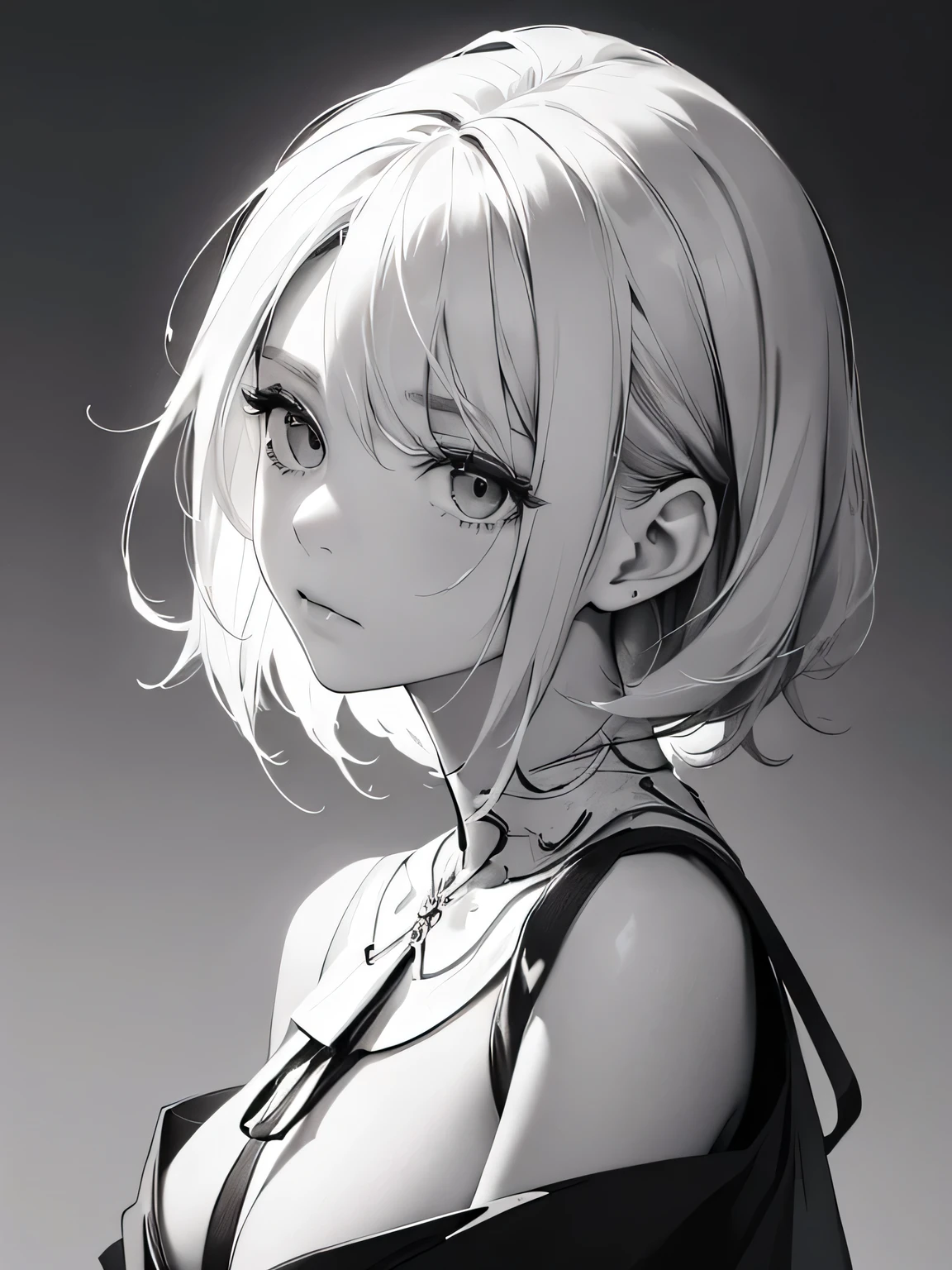 ((monochrome))(Image from chest up:1.4)((masterpiece:1.5,Highest quality,Beautiful images、Sketch、2.5D、Ink Painting、Abstract、Artistic、Portraiture))(1girl, solo)(medium breasts, white hair、bob hair)(Profile Portrait,Straight ahead、take your eyes away from here、Shake your head、A sad expression, floating hair)(Plain background)from side
