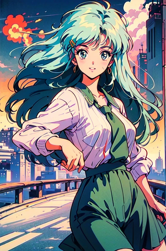 (80's, Retro, City Pop Poster:1.5), (Album cover), (masterpiece, Highest quality), (anime, figure), (pastel colour:1.4),
Best Photo Poses, Dynamic Angle,
whole body、Cheerful face、smile、One high school girl、White shirt、skirt、Pedestrian bridge、Skyscraper、sunset、Complex background、Detailed Hair、Light green hair with pink inner color、Wavy Hair、Gradient Hair、Green Hair、Side braids、hair like clouds、Soft Hair、Two Side Up Hair、Faint lighting、There is movement、Lively and active、Gold hair clip、loose socks、チェック柄skirt、holding a paper cup of coffee、